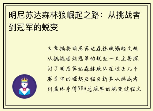 明尼苏达森林狼崛起之路：从挑战者到冠军的蜕变