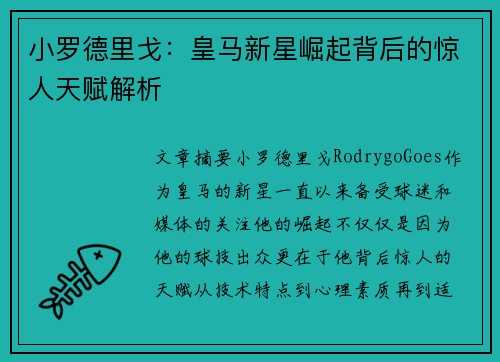 小罗德里戈：皇马新星崛起背后的惊人天赋解析